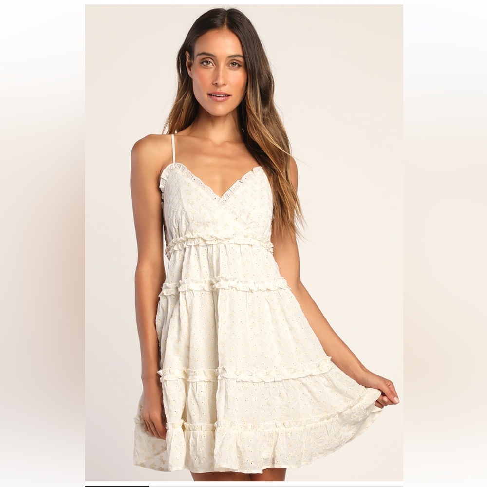 Lulus On a Tier ivory ruffled eyelet embroidered tiered mini dress